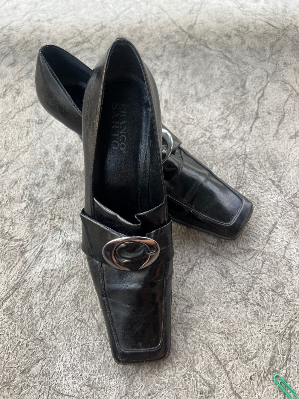 Vintage 90s Franco Sarto Black Square Toe Loafer Pumps 9M Silver Buckle